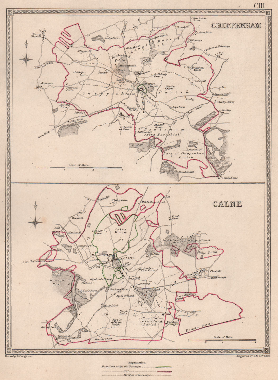 WILTSHIRE TOWNS. Chippenham Calne borough plans. CREIGHTON/WALKER 1835 old map